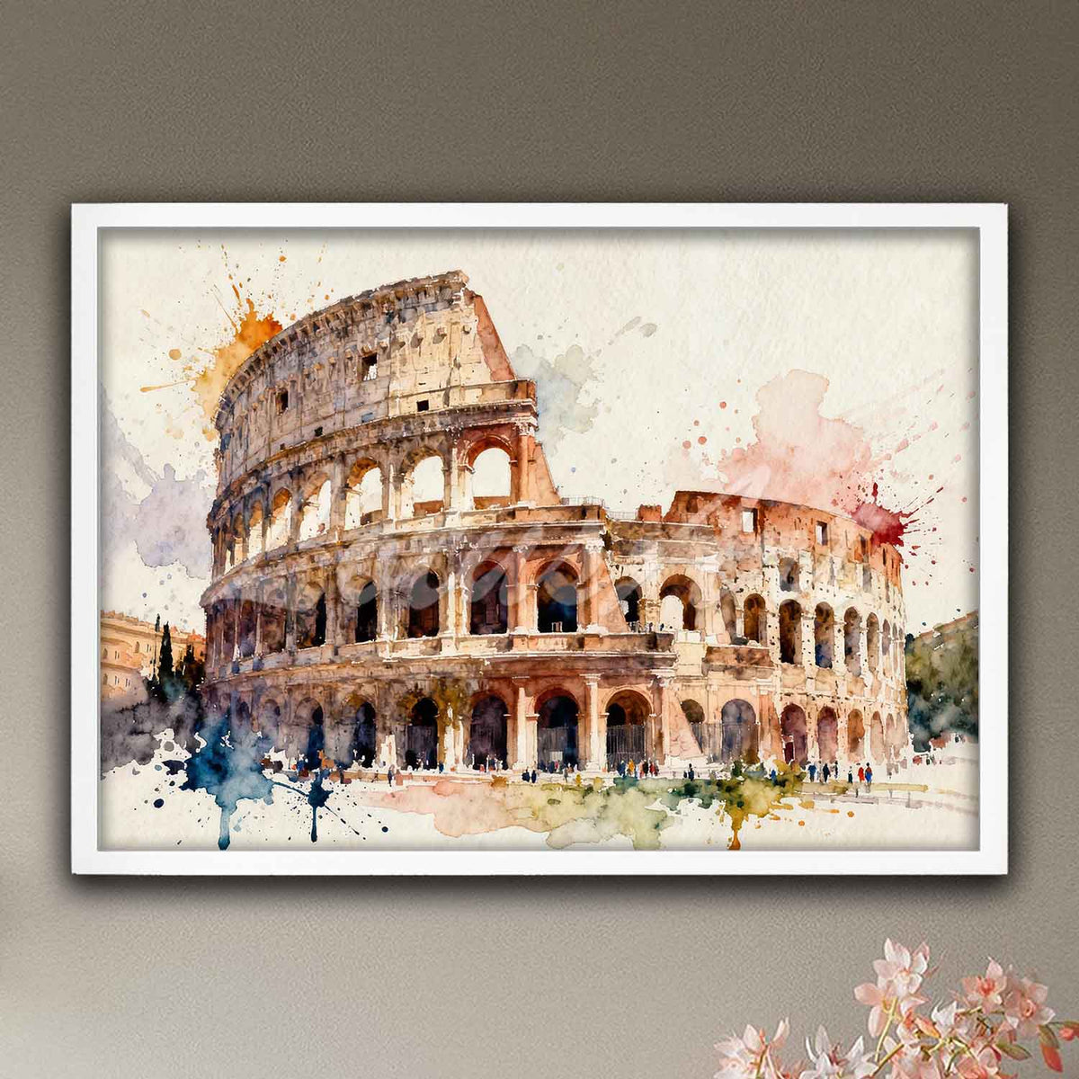 Colosseum watercolor artwork in white wooden frame, Rome Italy ancient landmark wall decor & traveler gift