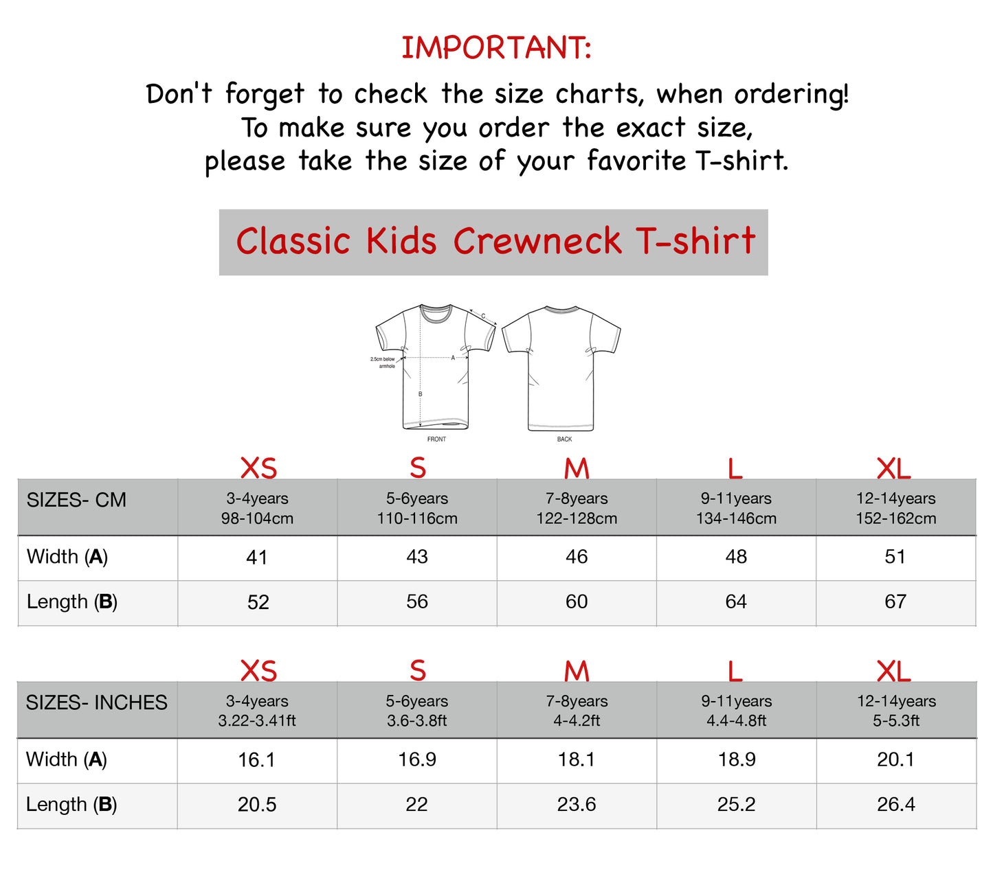 Size chart for personalized cotton kids t-shirt with name, classic kids crewneck tee XS to XL