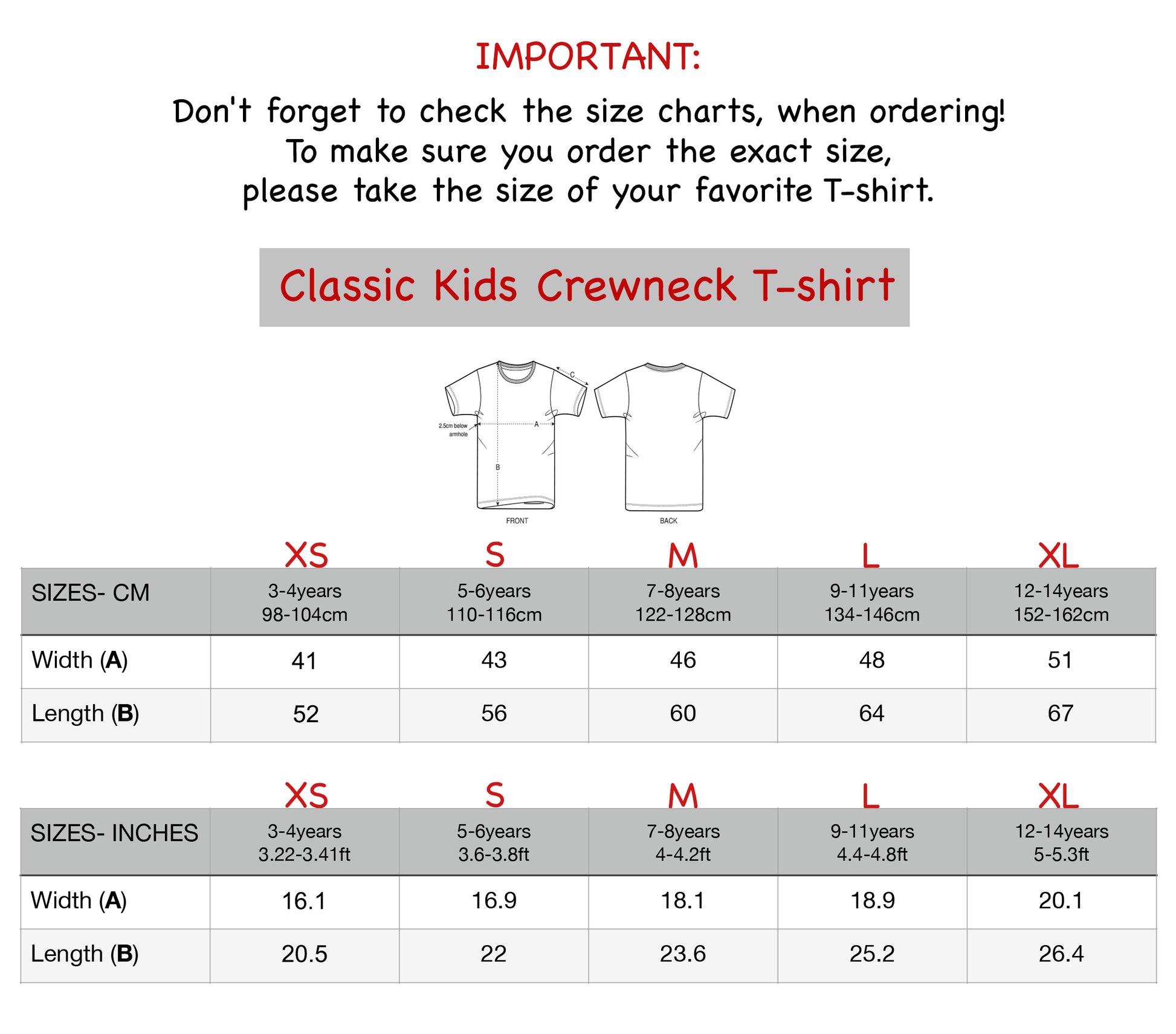 Size chart for personalized cotton kids t-shirt with name, classic kids crewneck tee XS to XL