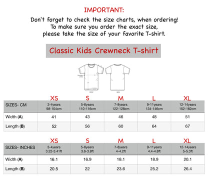 Size chart for personalized cotton kids t-shirt with name, classic kids crewneck tee XS to XL