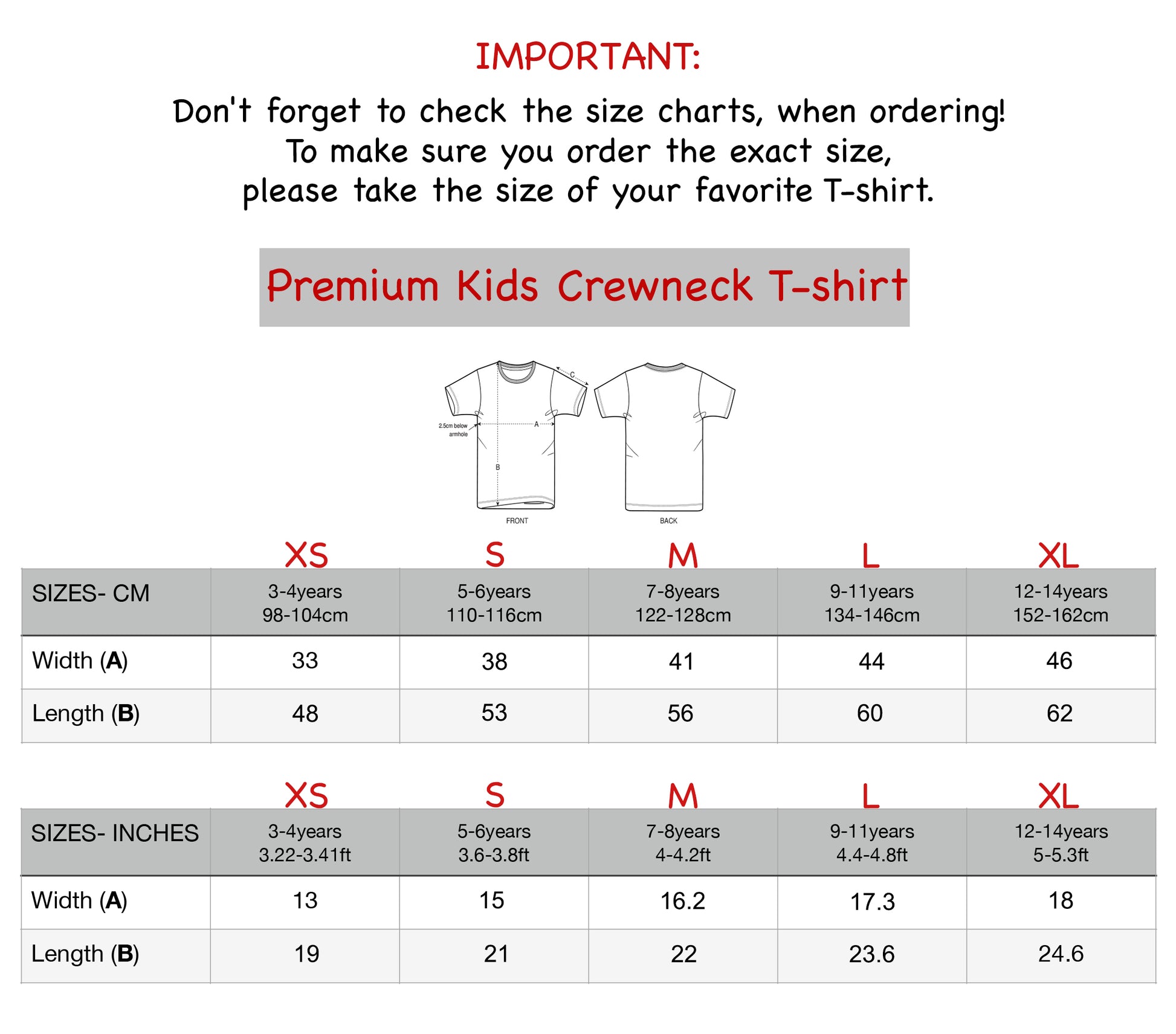 Size chart for personalized cotton kids t-shirt with name, premium kids crewneck tee XS to XL