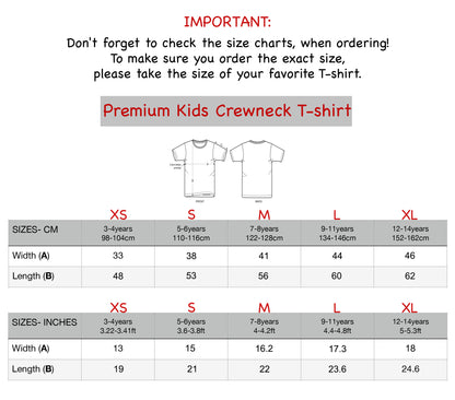 Size chart for personalized cotton kids t-shirt with name, premium kids crewneck tee XS to XL