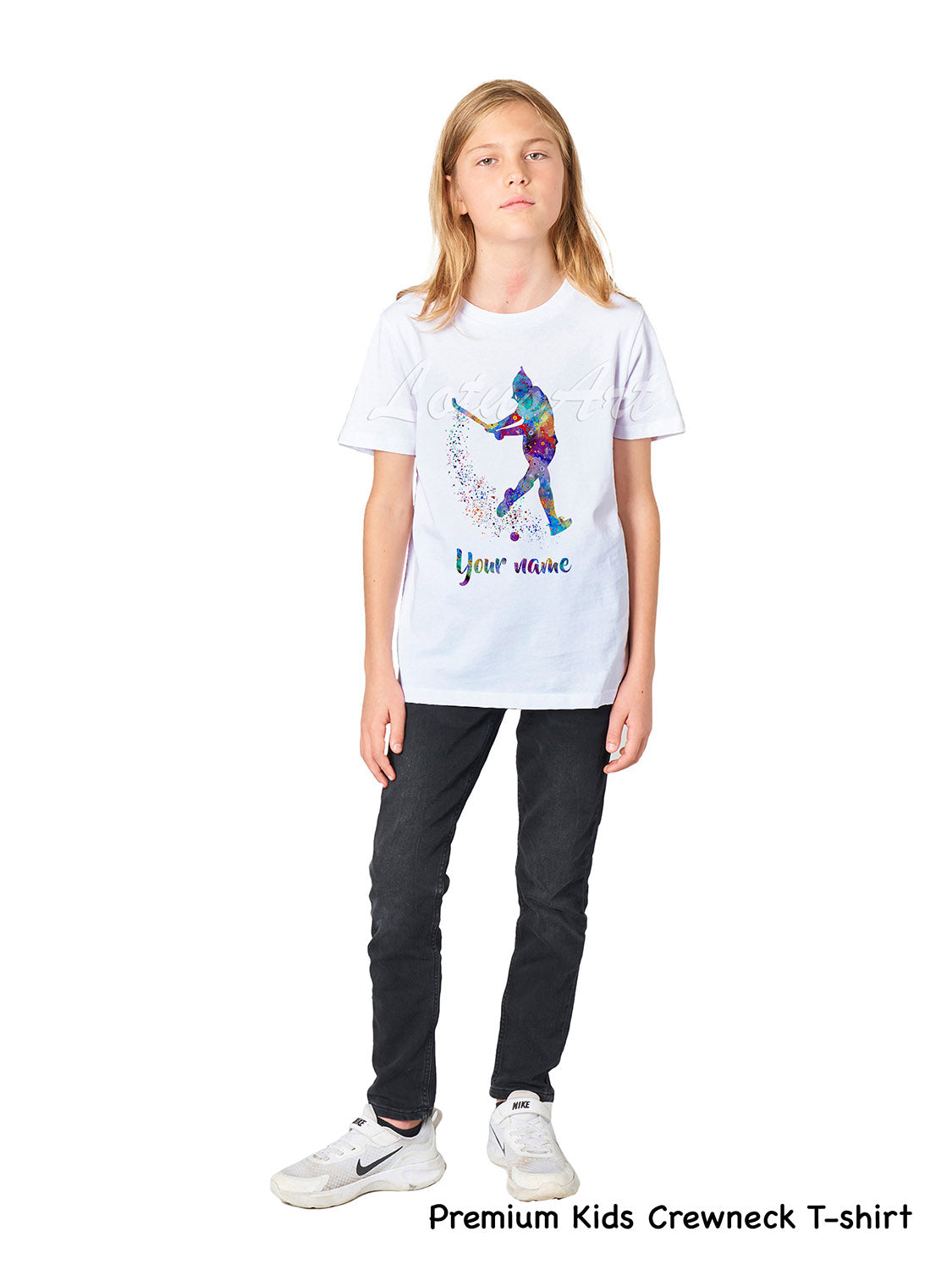 Girl wearing personalized with name field hockey t-shirt watercolor sports art, premium kids crewneck cotton tee XS to XL