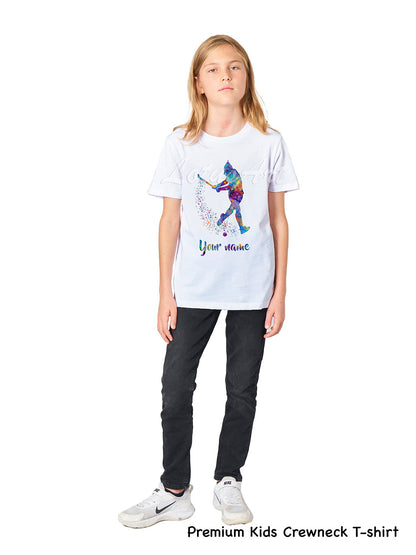 Girl wearing personalized with name field hockey t-shirt watercolor sports art, premium kids crewneck cotton tee XS to XL