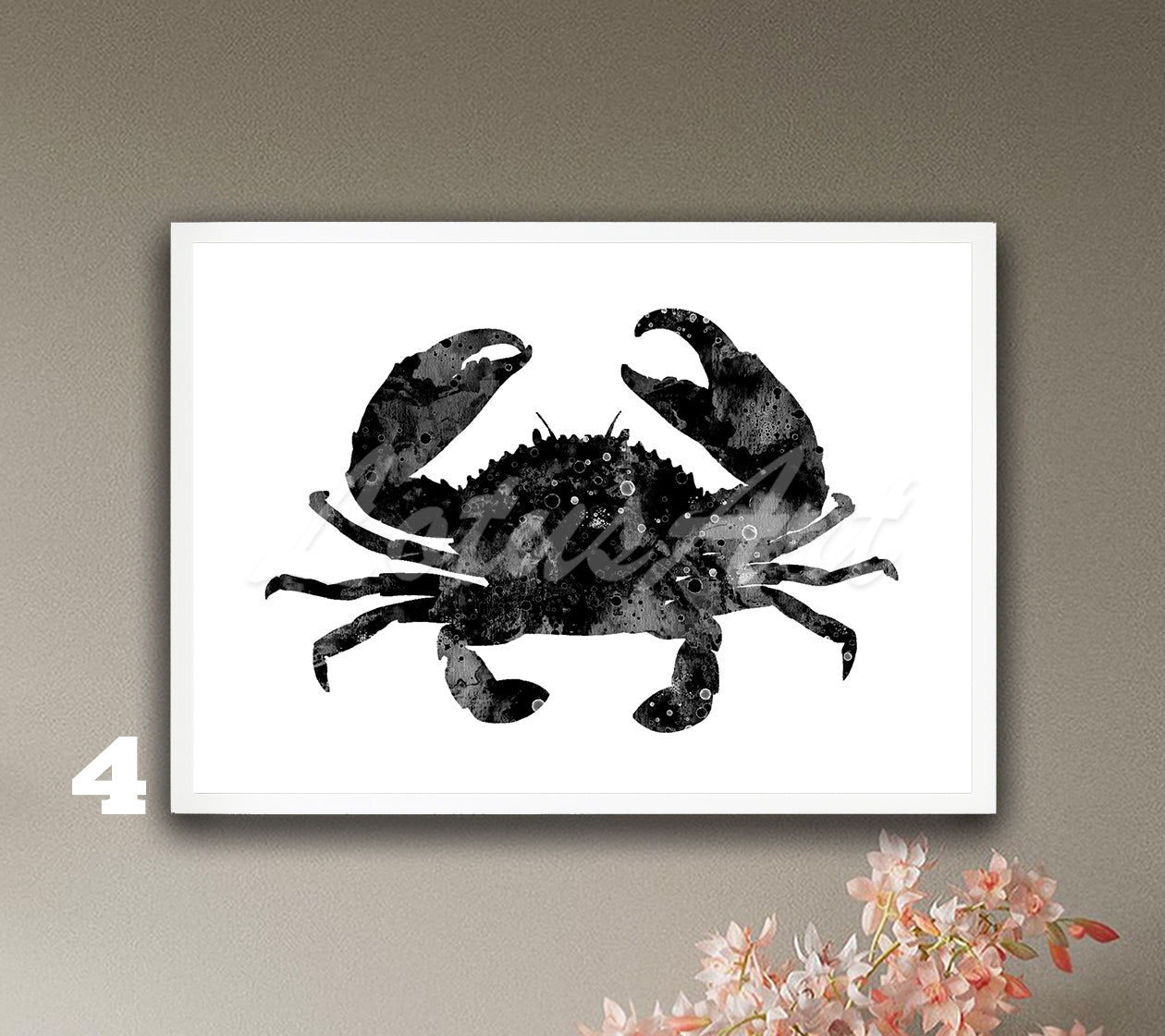 Black-white crab watercolor kitchen wall art print for nautical sea decor, elegant ocean lover gift