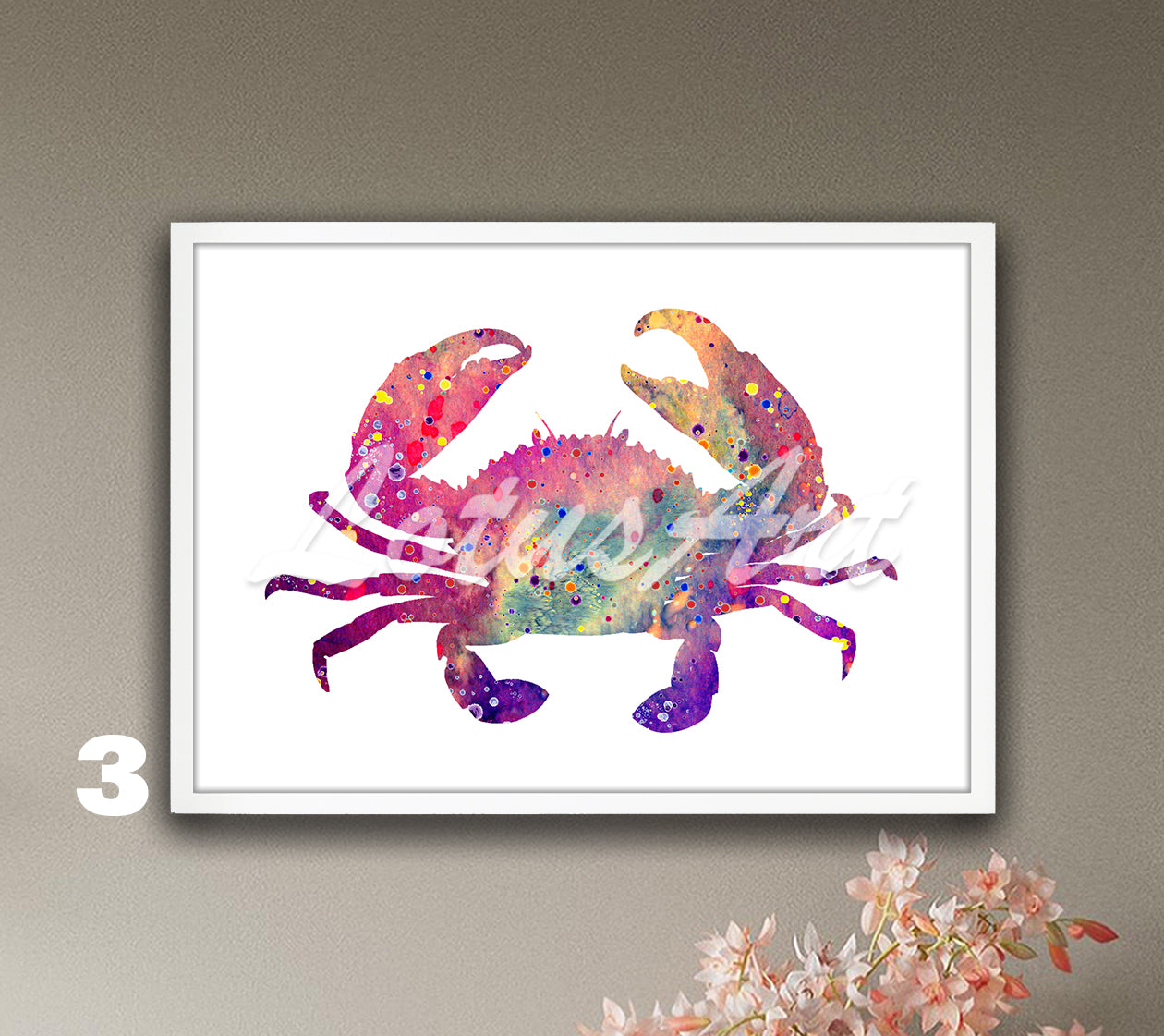 Crab watercolor kitchen wall decor in warm colorful tones, unique coastal seafood gift