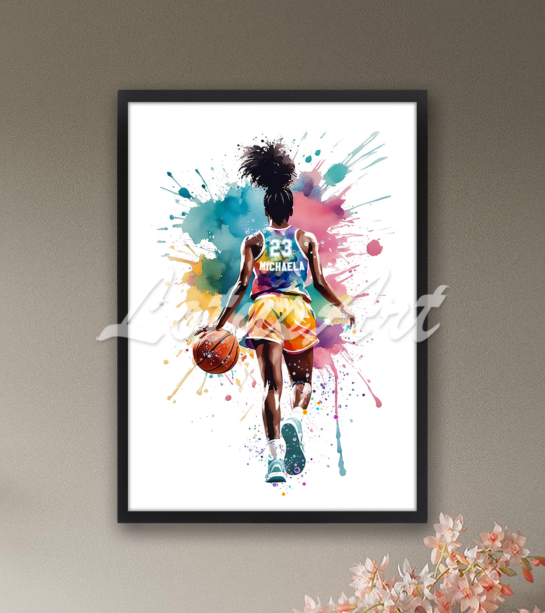 Custom black girl basketball sports print with name and jersey number in black wooden frame - personalized wall decor