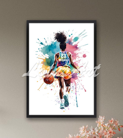 Custom black girl basketball sports print with name and jersey number in black wooden frame - personalized wall decor