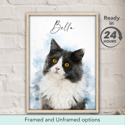 Custom watercolor cat portrait gift in natural wood frame, personalized pet art print for cat owners and animal lovers