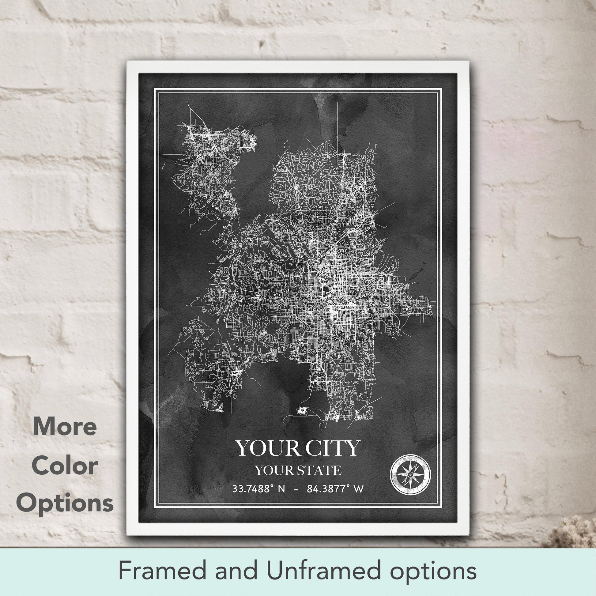 Custom city map watercolor art gift in dark grey tones, personalized street map poster & minimalist home decor gift