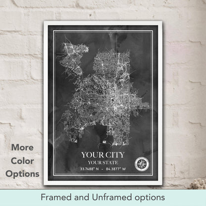 Custom city map watercolor art gift in dark grey tones, personalized street map poster & minimalist home decor gift