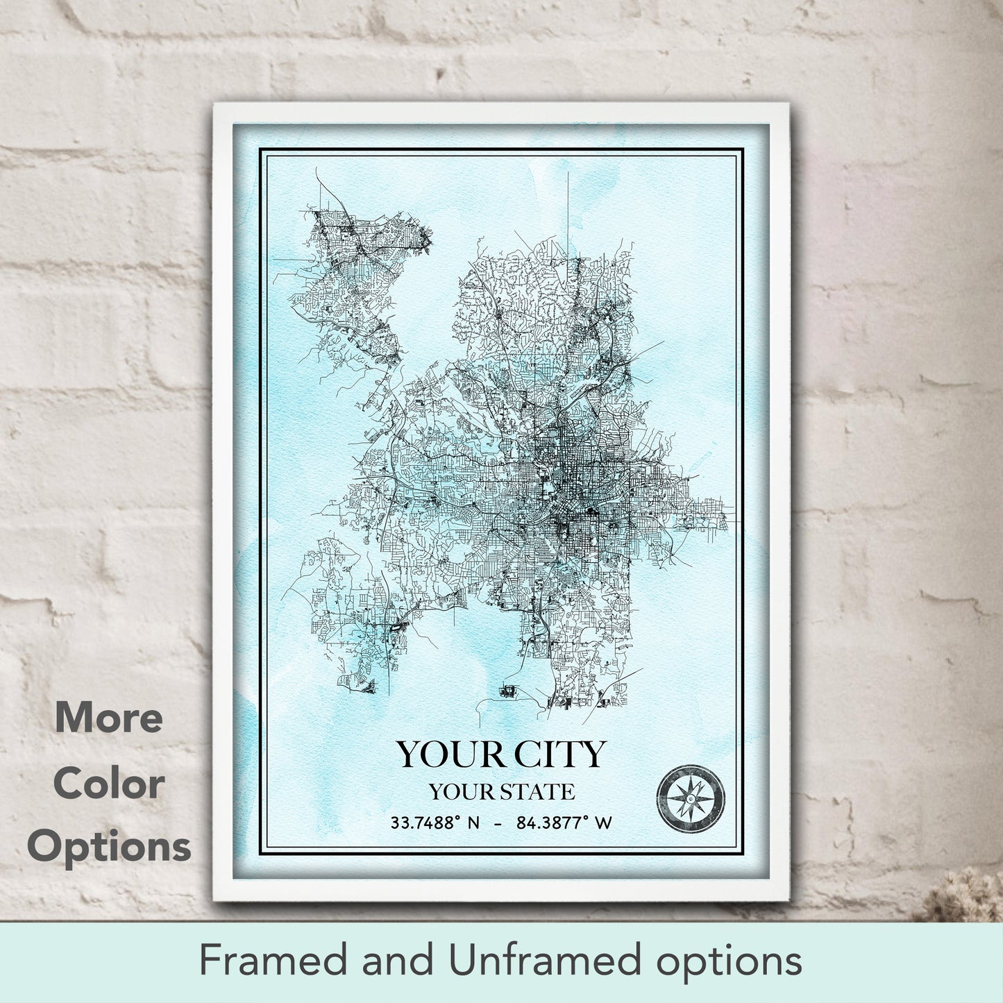 Custom city map watercolor gift in pale blue tones, personalized street map poster & traveler gift for home decor