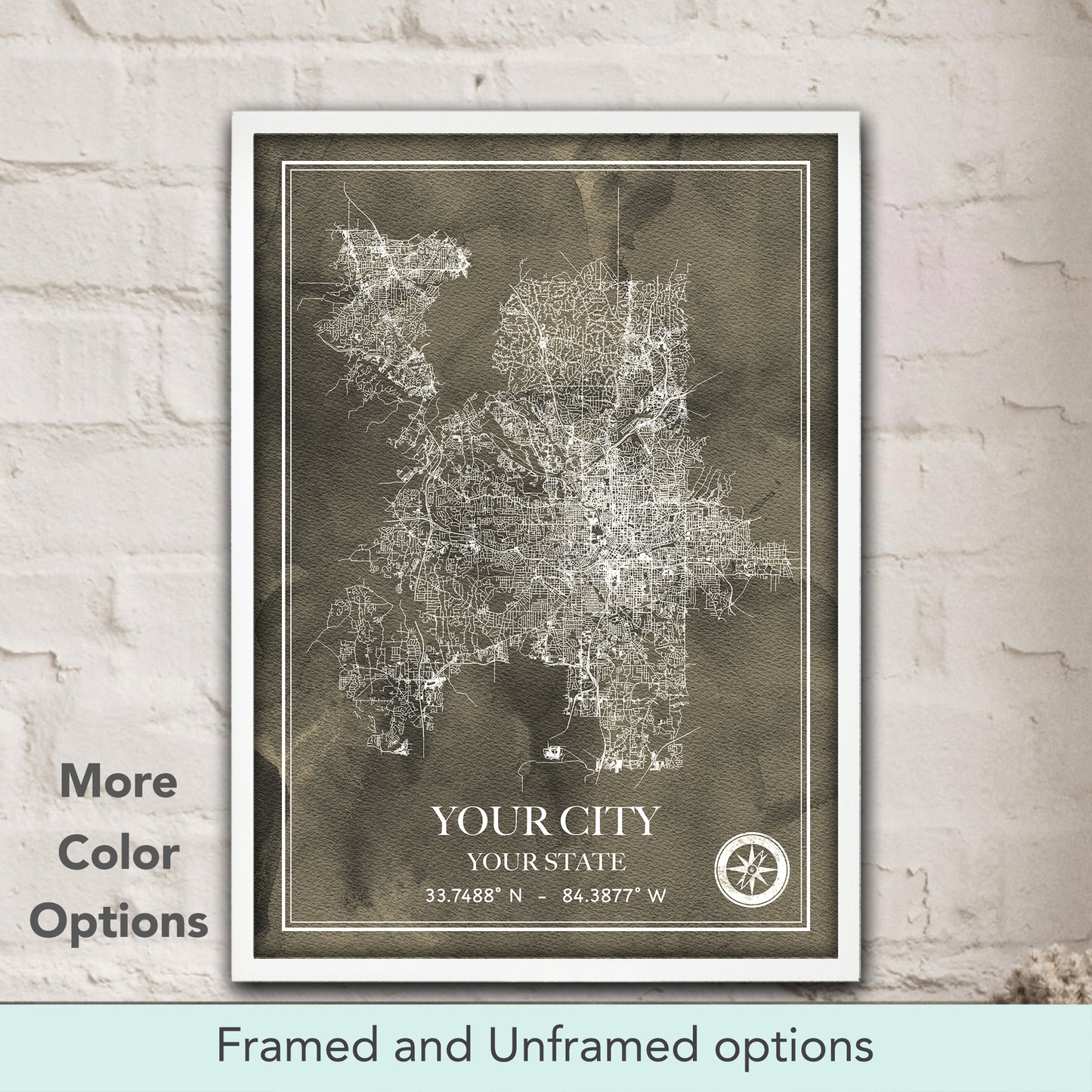 Custom city map watercolor art poster in warm grey tones, personalized street map print & modern home decor gift