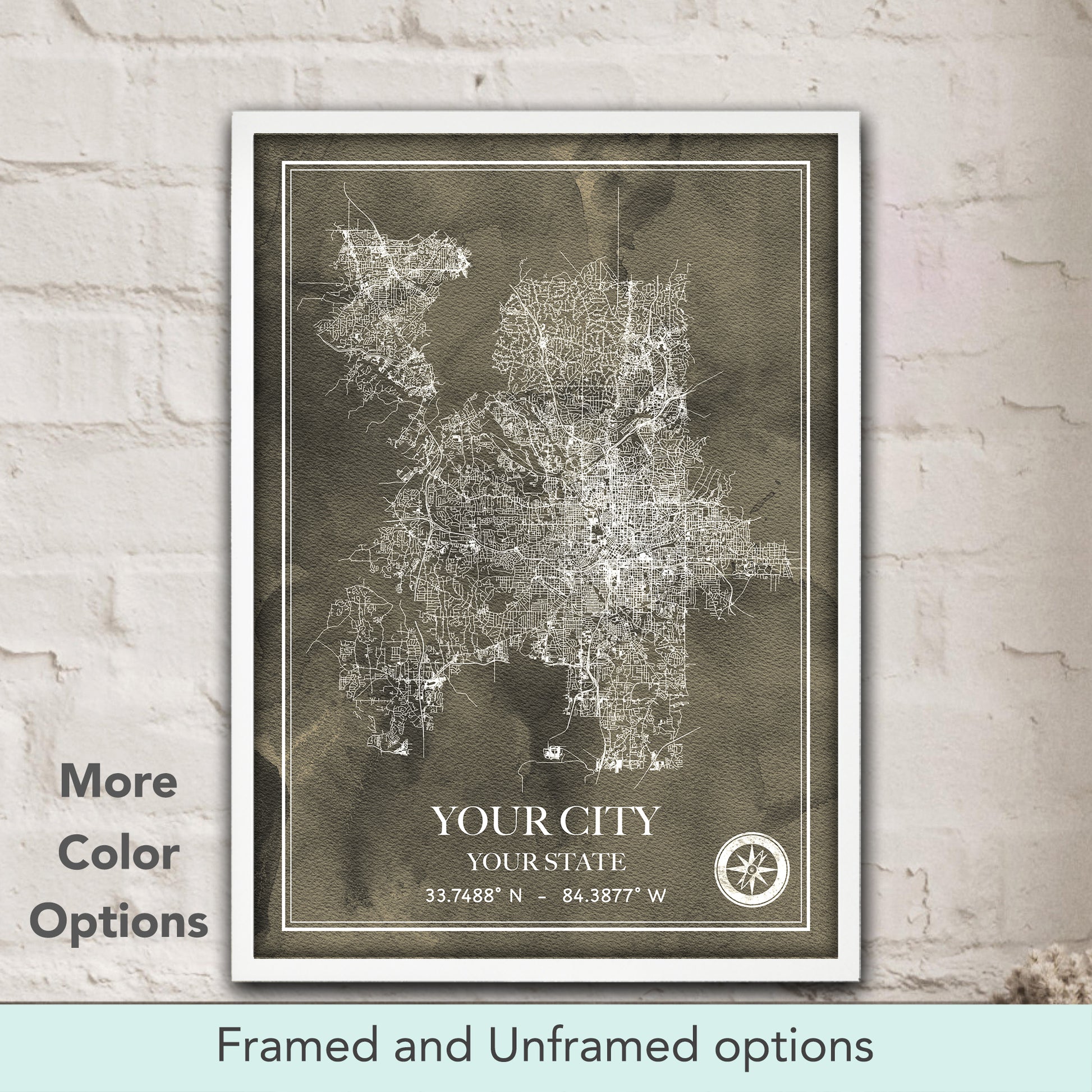 Custom city map watercolor art poster in warm grey tones, personalized street map print & modern home decor gift