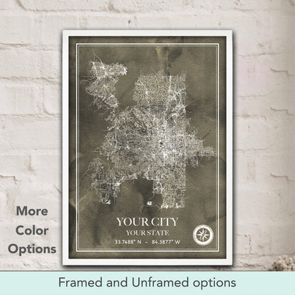 Custom city map watercolor art poster in warm grey tones, personalized street map print & modern home decor gift