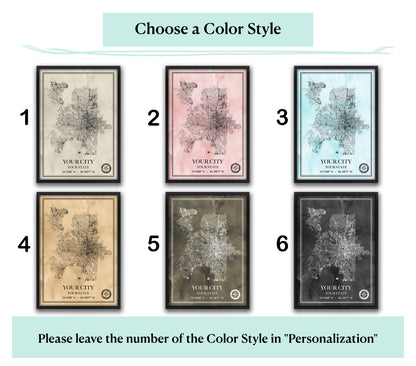 Custom city map watercolor art print with 6 color style options, personalized street map poster & traveler gift