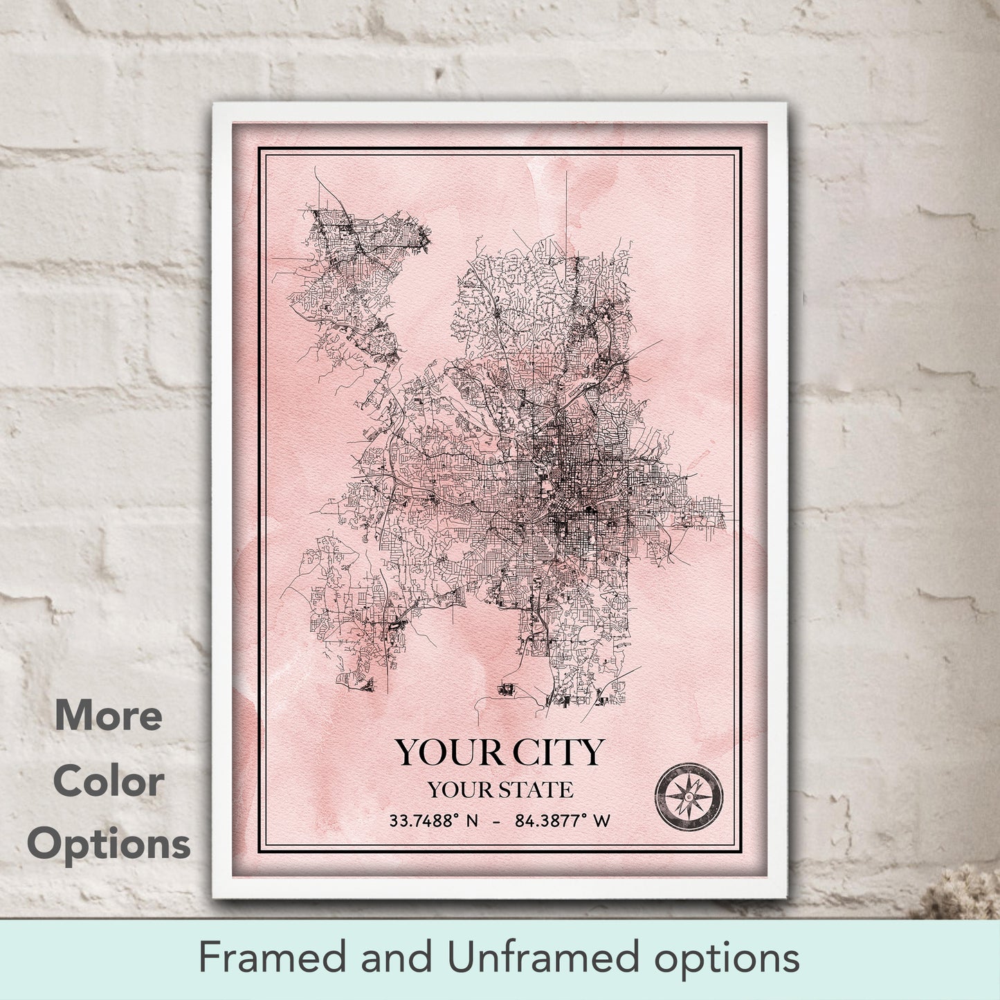Custom city map watercolor decor in soft pink tones, personalized street map print & romantic home decor gift