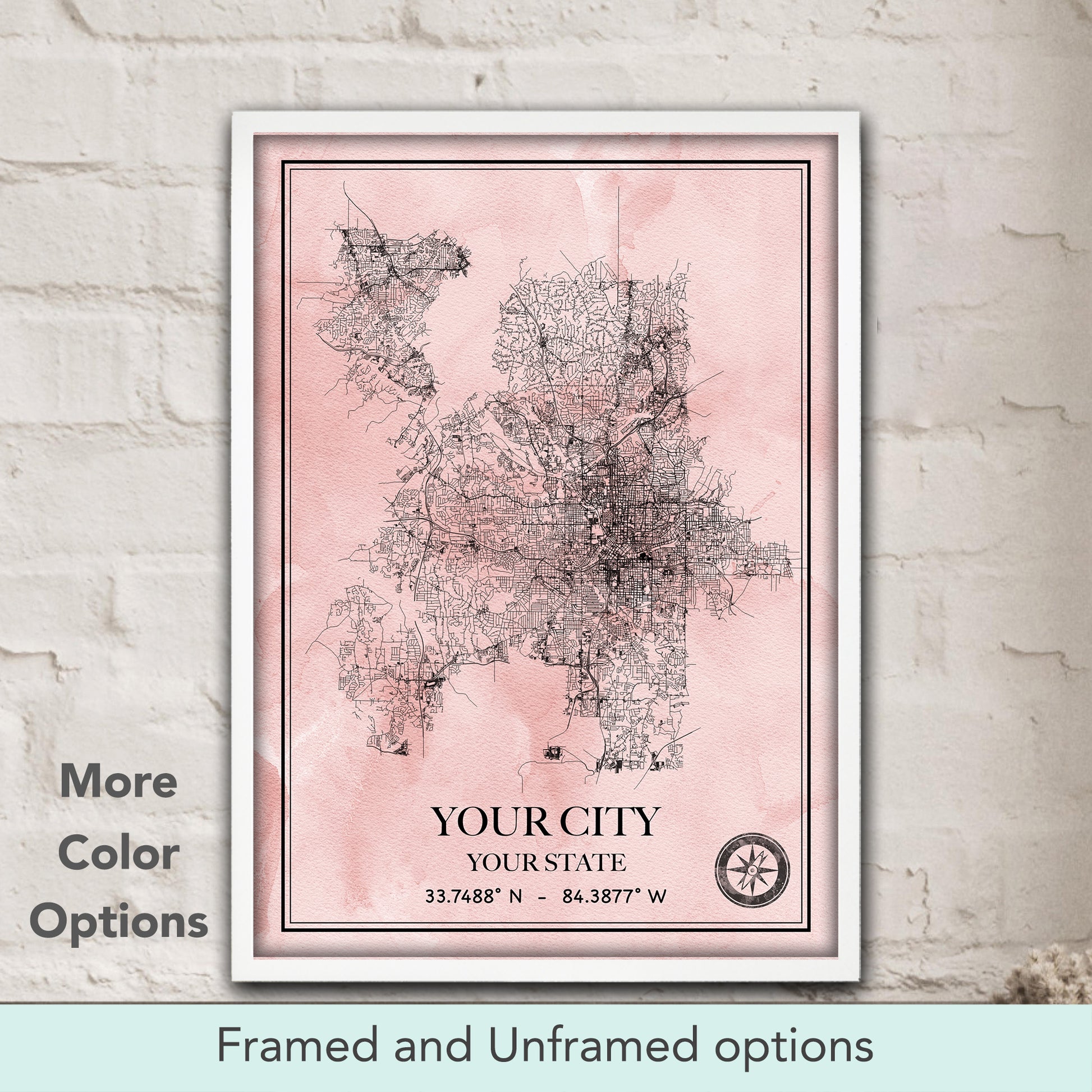 Custom city map watercolor decor in soft pink tones, personalized street map print & romantic home decor gift