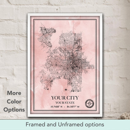 Custom city map watercolor decor in soft pink tones, personalized street map print & romantic home decor gift