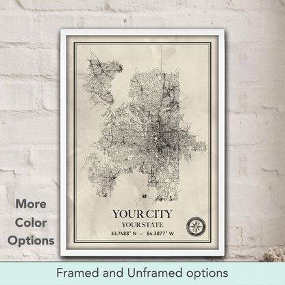 Custom city map watercolor art print in beige tones, personalized street map print & traveler gift for home decor