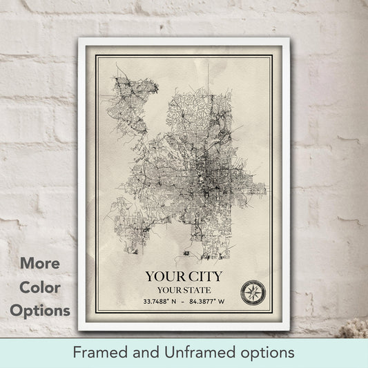 Custom city map watercolor art print in beige tones, personalized street map print & traveler gift for home decor