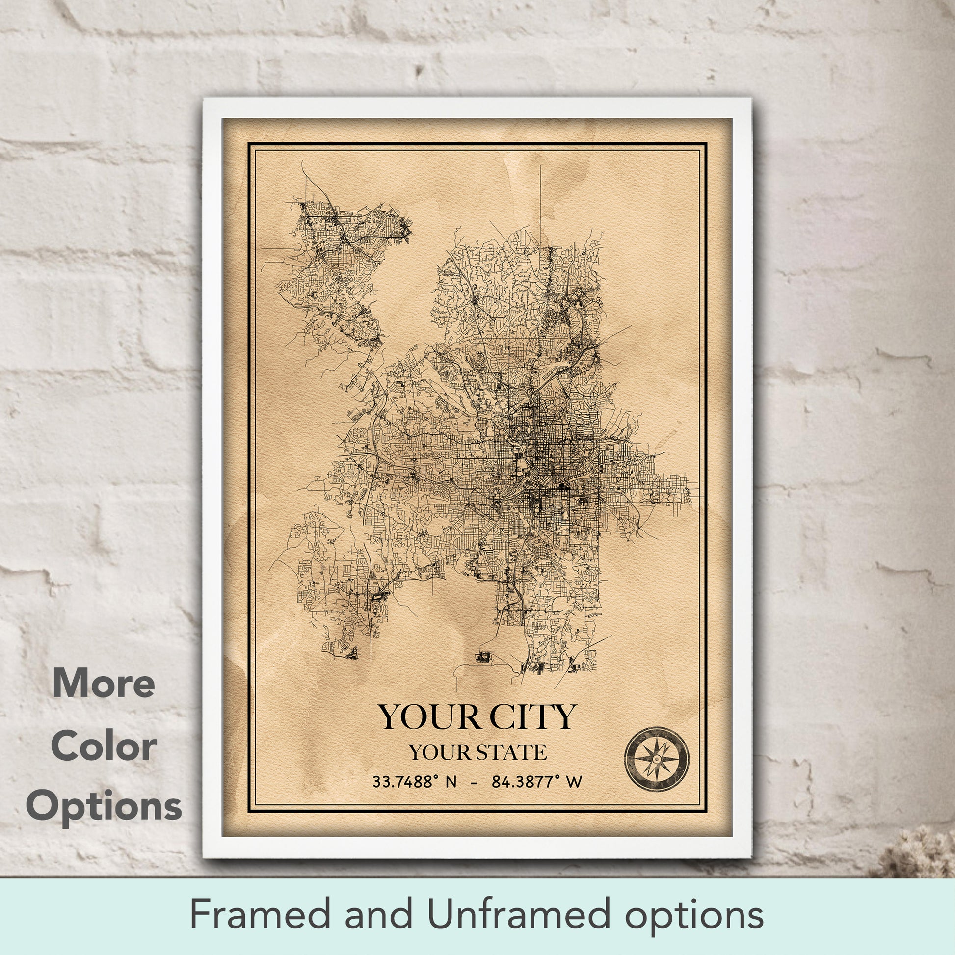 Custom city map watercolor print in sepia tones, personalized vintage street map poster & traveler gift