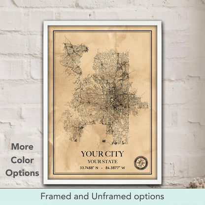 Custom city map watercolor print in sepia tones, personalized vintage street map poster & traveler gift