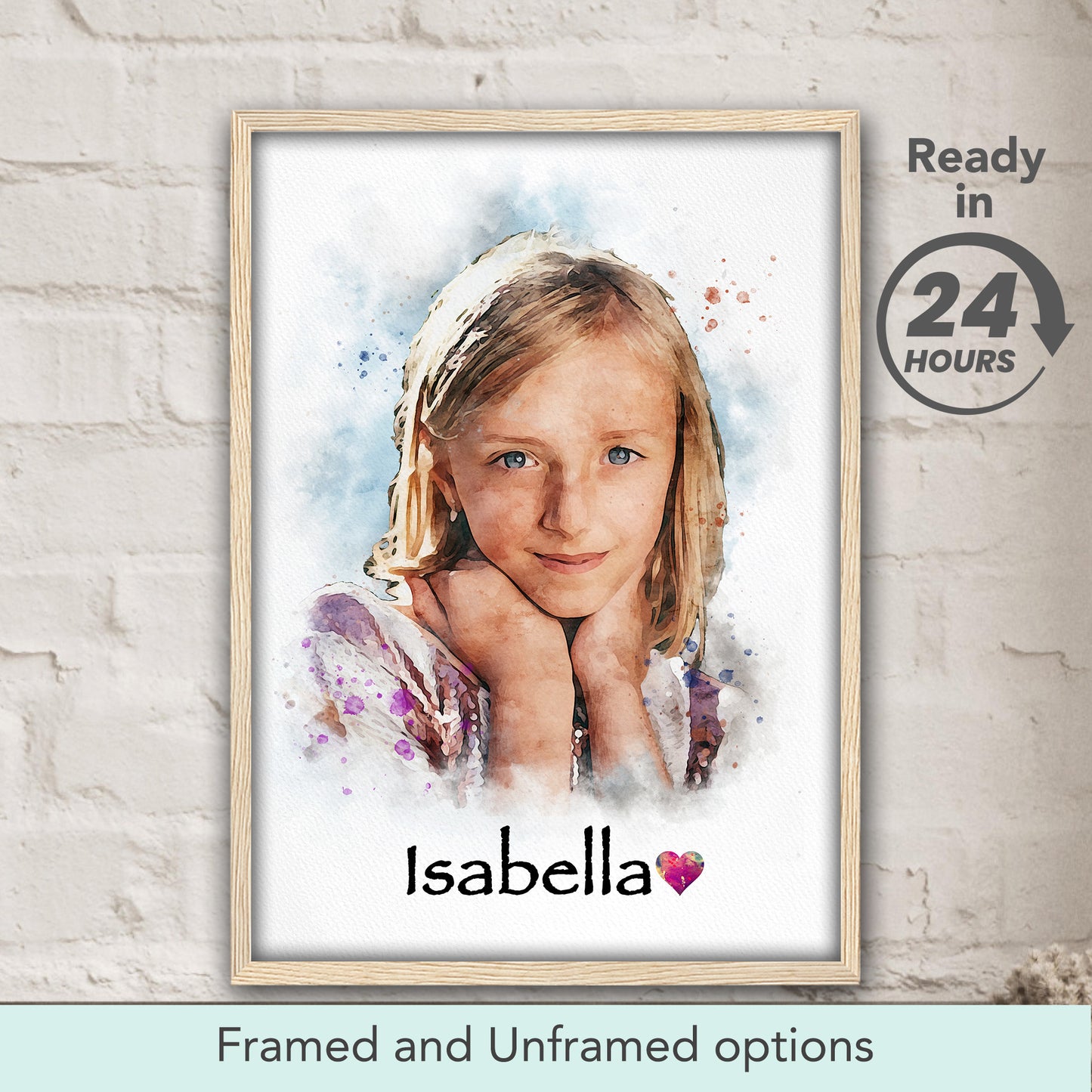 Custom girl watercolor art portrait in white frame, personalized keepsake gift for daughter, sister or girlfriend