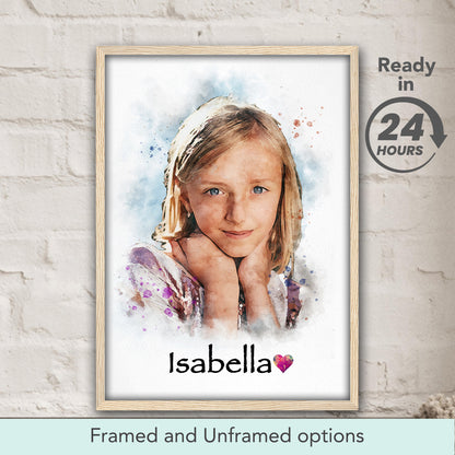 Custom girl watercolor art portrait in white frame, personalized keepsake gift for daughter, sister or girlfriend