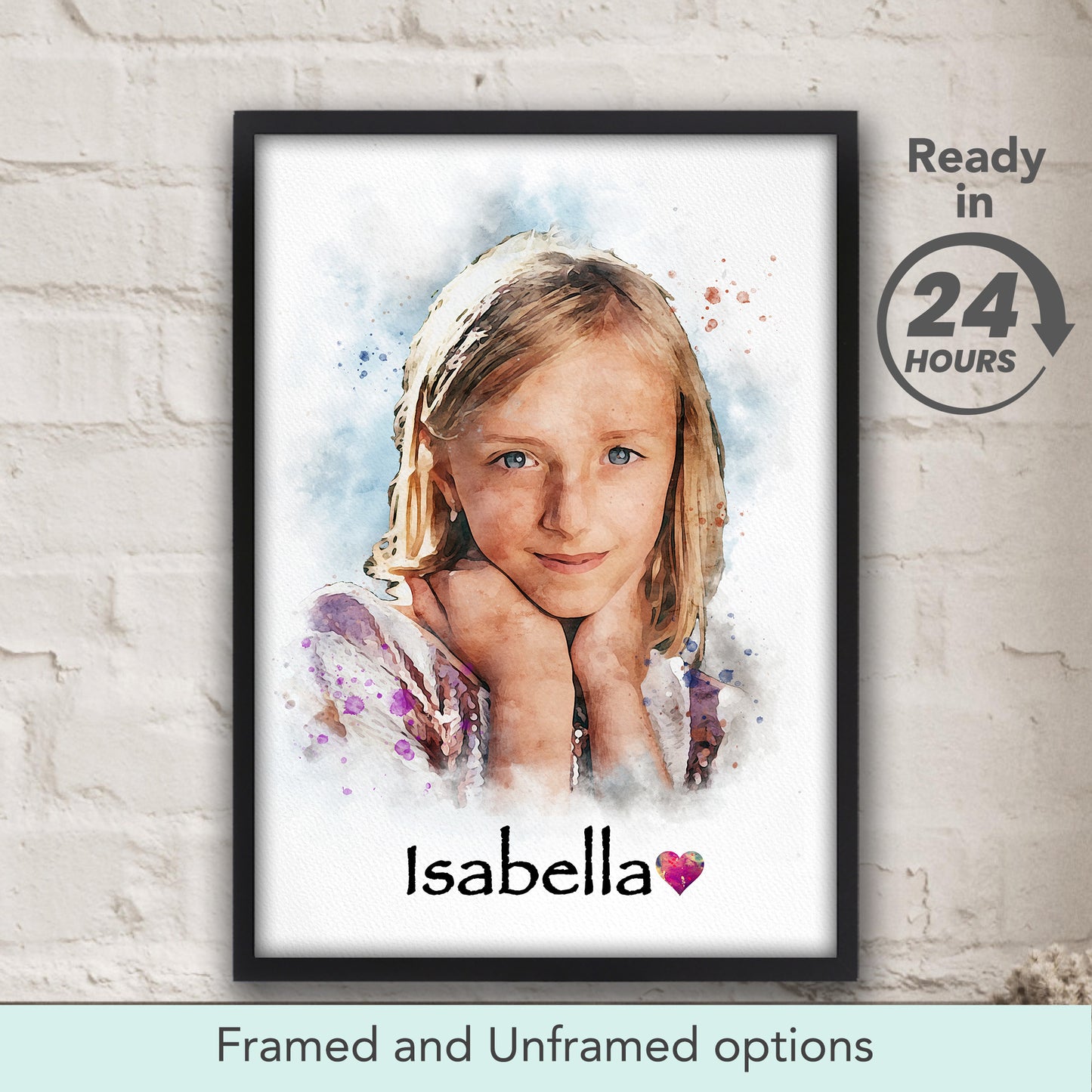 Custom Girl Watercolor Portrait from Photo – Personalized Kid's Art, Birthday Gift