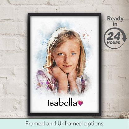 Custom Girl Watercolor Portrait from Photo – Personalized Kid's Art, Birthday Gift