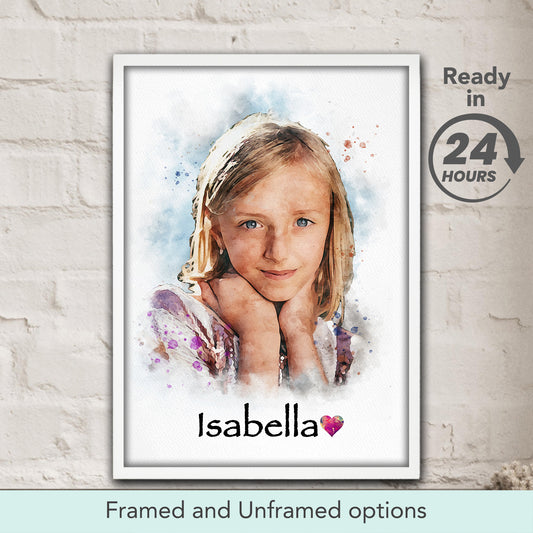 Custom Girl Watercolor Portrait from Photo – Personalized Kid's Art, Birthday Gift