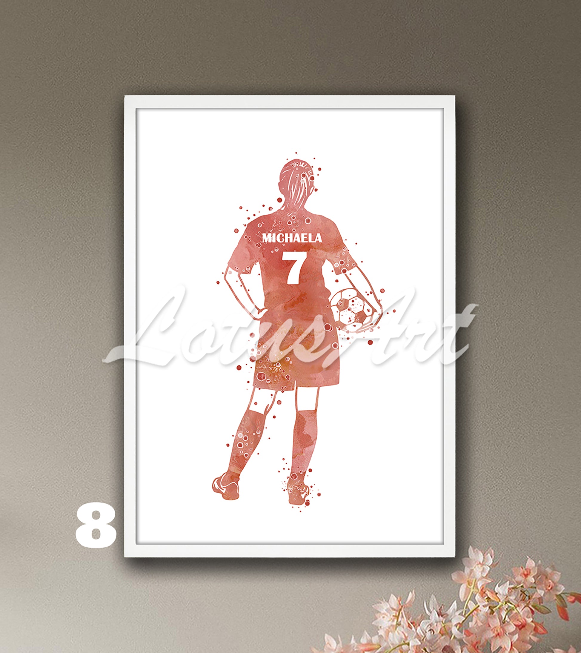 Custom girl soccer watercolor sports art with personalized name & number in rose-gold tones - girls room wall art