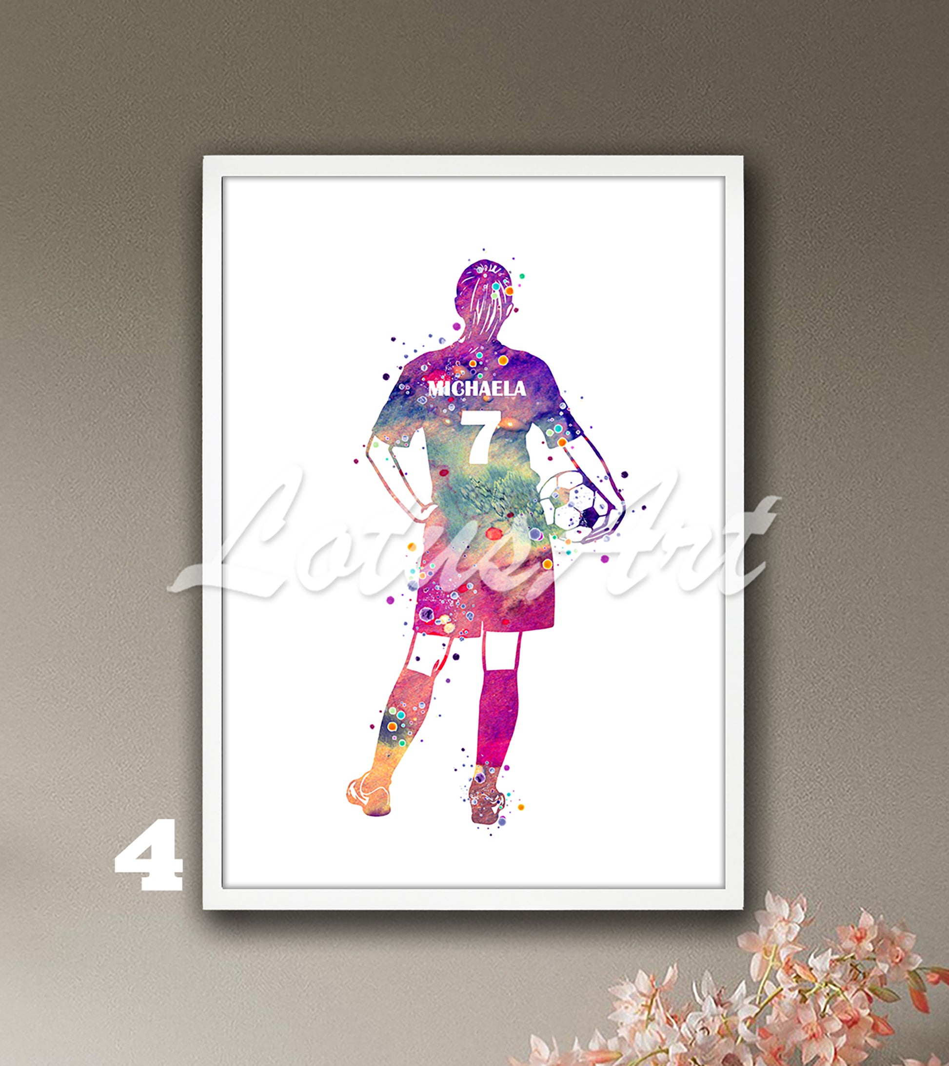 Custom girl soccer watercolor sports print with personalized name & number in colorful tones - girls room decor