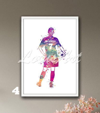 Custom girl soccer watercolor sports print with personalized name & number in colorful tones - girls room decor