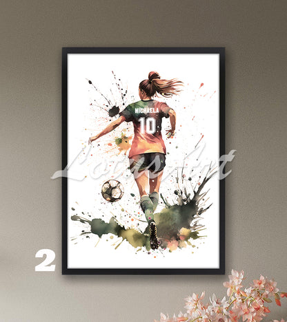 Custom girl soccer watercolor sports art with personalized name & number in pastel colors - girls room poster