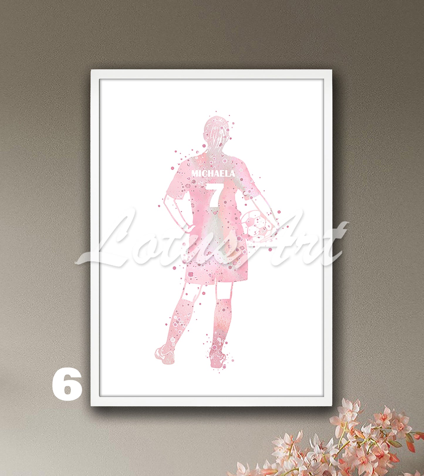 Custom girl soccer watercolor sports painting with personalized name & number in soft pink tones - girls room poster