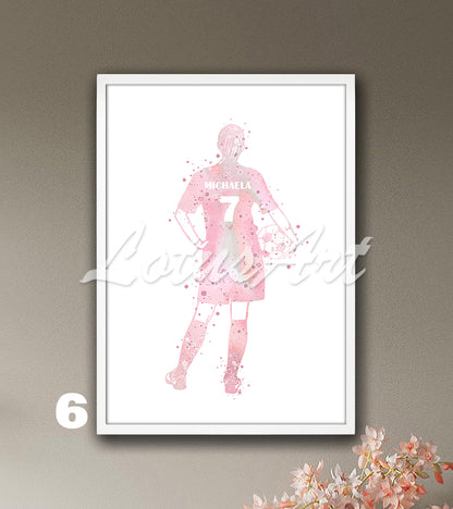 Custom girl soccer watercolor sports painting with personalized name & number in soft pink tones - girls room poster