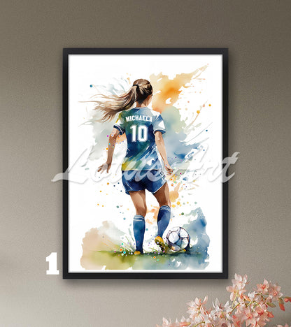 Personalized sports art print depicting a girl soccer player –watercolor painting in blue with name and jersey number.