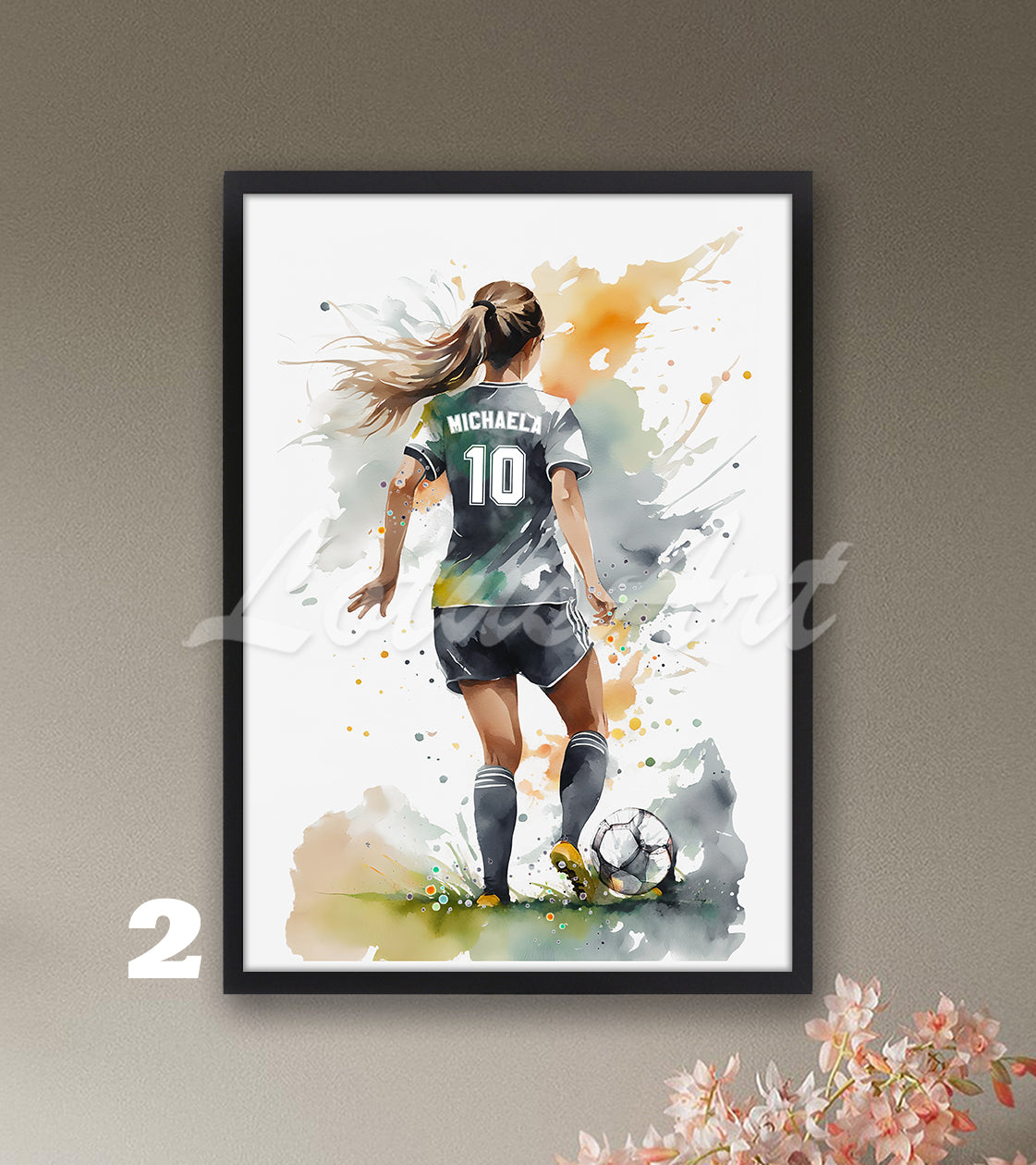 Personalized sports art print depicting a girl soccer player –watercolor painting in grey with name and jersey number.