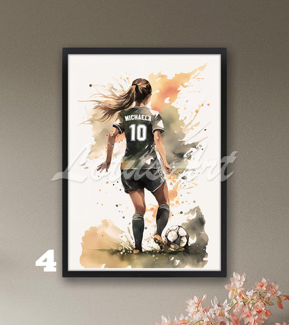 Personalized sports art print depicting a girl soccer player –watercolor painting in pastel with name and jersey number.