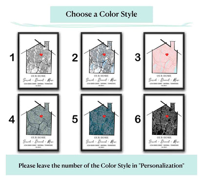 Our Home custom location map wall art with 6 color style options, personalized housewarming poster & new home gift