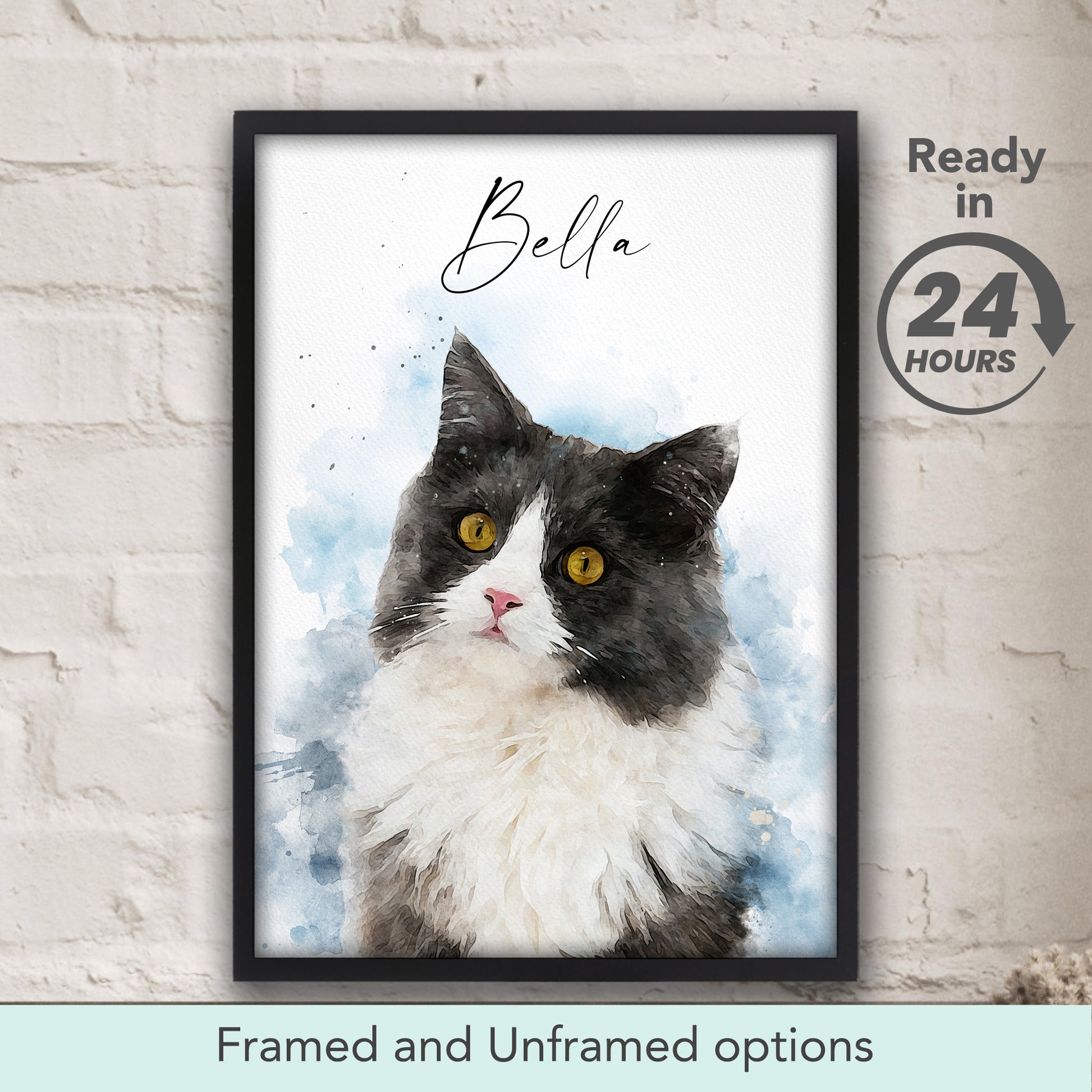Custom watercolor cat portrait painting in black frame, personalized pet art keepsake and gift for cat lovers