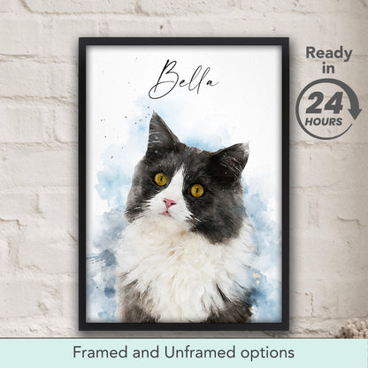 Custom watercolor cat portrait painting in black frame, personalized pet art keepsake and gift for cat lovers