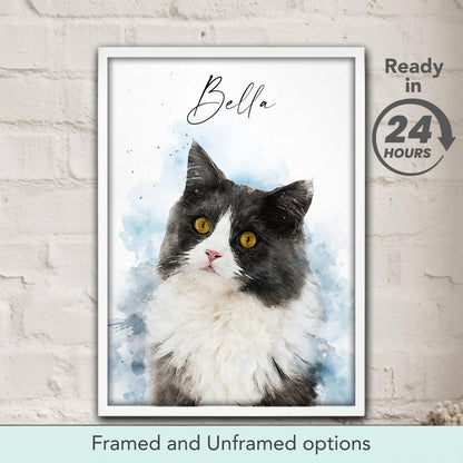 Custom watercolor cat portrait poster from photo, personalized pet art print and unique gift for cat lovers