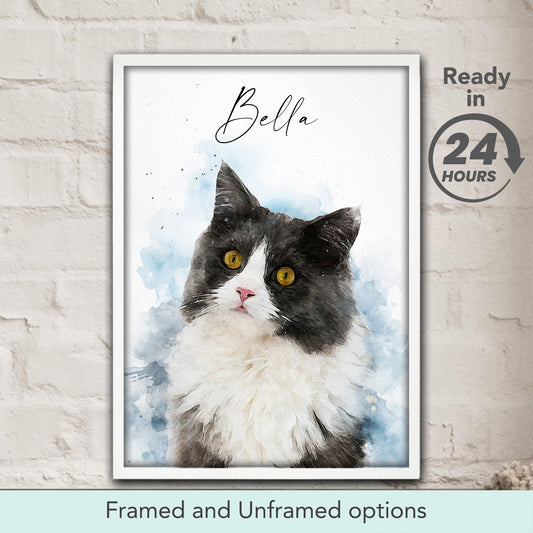 Custom watercolor cat portrait poster from photo, personalized pet art print and unique gift for cat lovers