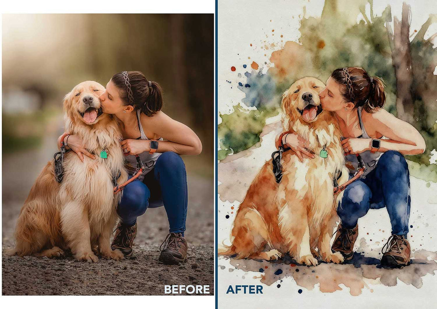Custom pet and owner watercolor portrait before and after comparison, personalized art print from photo