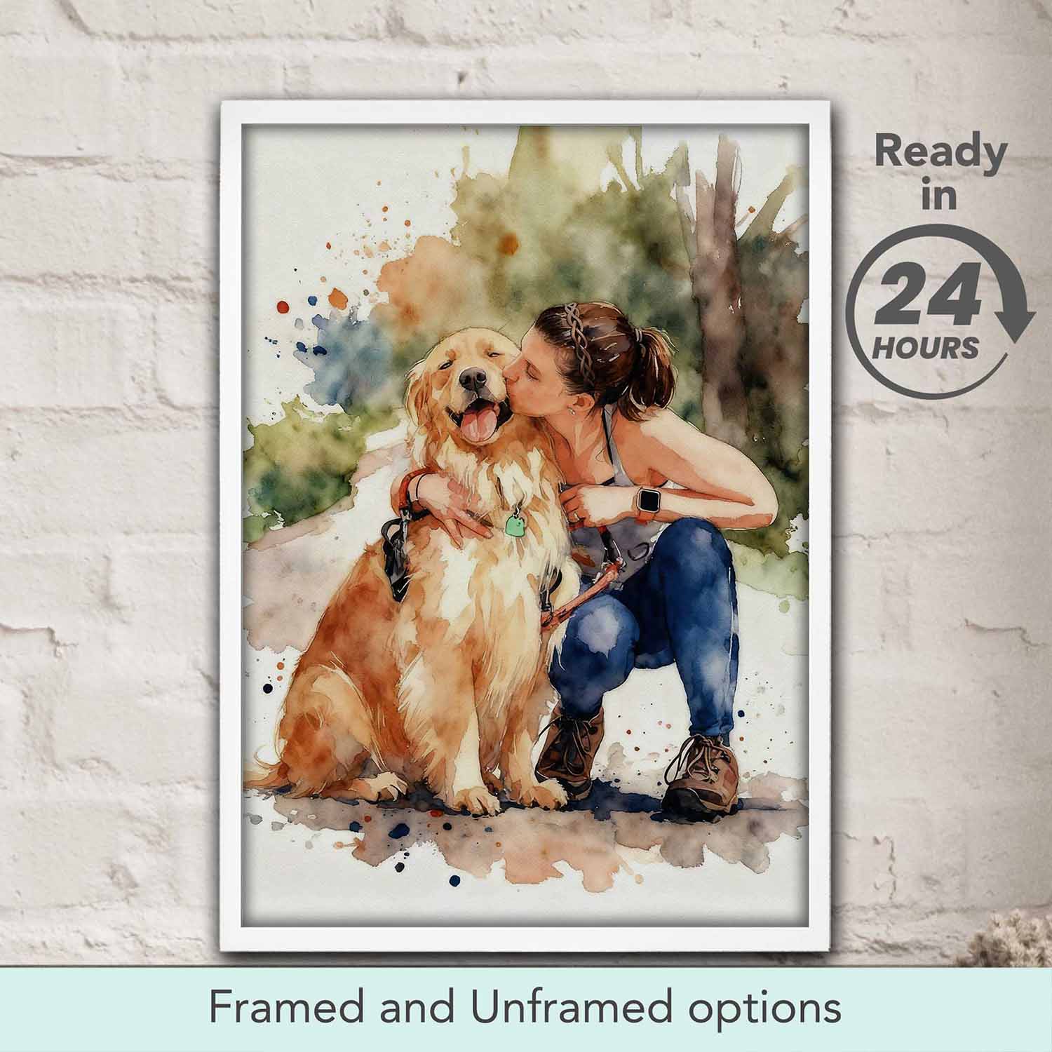 Custom pet and owner watercolor portrait personalized dog mom or cat dad art print from photo