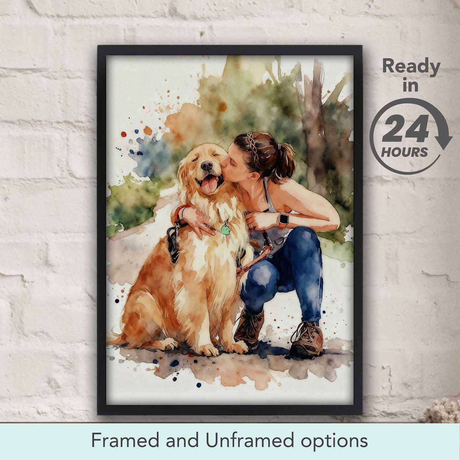 Custom pet owner watercolor portrait in black frame ready in 24 hours, personalized dog mom gift
