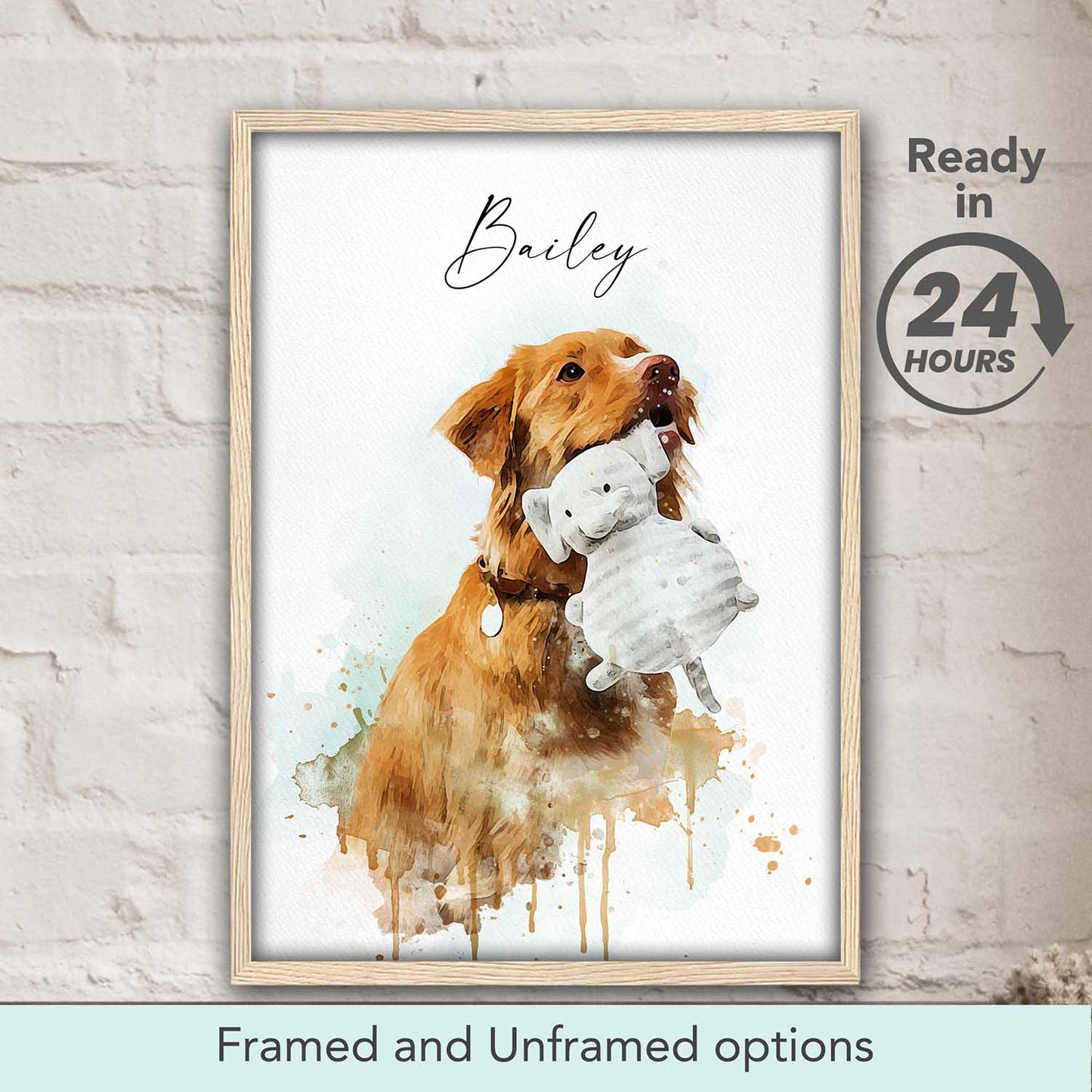 Custom dog and cat watercolor portrait framed and unframed poster options, pet wall art